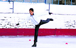 A participant in action at the National Ice Skating Championship in Shimla on Friday