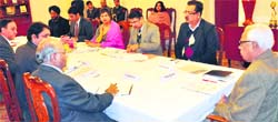 Governor NN Vohra during a meeting in Jammu on Friday. A Tribune Photograph