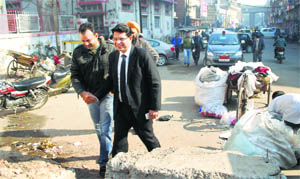 MC Commissioner Rahul Tiwari inspects Feroze Gandhi Market in Ludhiana on Friday.