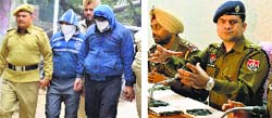 The accused in police custody; and (right) Additional Deputy Commissioner of Police-IV Swapan Sharma addresses a press conference in Ludhiana. Photos: Inderjeet Verma 