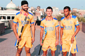 Players of Jaypee Punjab Warriors, Sandeep Singh, Jamie Dwyer and SV Sunil, at the Star Sports campaign shoot for Hero Hockey India League in Amritsar.