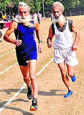 Veteran athletes take part in the 1,500 m race during the Masters Athletics Meet at the Sports Complex in Sector 46, Chandigarh, on Sunday
