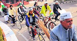 Supporters of the Aam Aadmi Party take out a rally in Chandigarh on Sunday