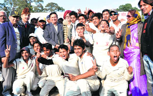 Members of the Kanpur team celebrate after winning the Bankelal Shah Memorial Under-15 Cricket Tournament at Rangers Ground in Dehradun on Sunday. 