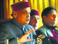 Former Chief Minister PK Dhumal addresses mediapersons in Shimla on Sunday.