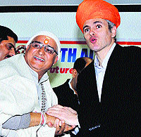 Chief Minister Omar Abdullah was presented the traditional Kashmiri Pandit turban during a convention of Kashmiri Pandits at Patta-Bohri in Jammu on Sunday