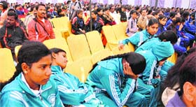 Players wait for chief guest Deputy CM Sukhbir Badal at Saravhitkari School, Sector 40, in Chandigarh, on Monday
