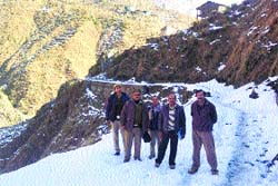 A team inspects the road on the snowbound Lylh-Kilodhar stretch under the Bharmour PWD division.