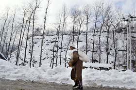 An elderly Kashmiri carries firewood in a sack on shoulders near Daksum in South Kashmiri's Anantnag district on Monday