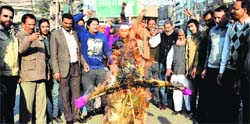Members of the Minority Morcha of the BJP burn an effigy of the UPA. Photo: Inderjeet Verma