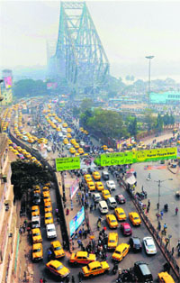 Commuters had a harrowing time as buses stayed off roads in Kolkata on Monday.