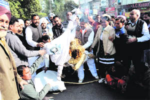 Congress workers burn an effigy of Punjab minister Bikram Singh Majithia in Bathinda on Tuesday. 