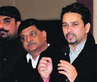 Member of Parliament and national president of the Bharatiya Janata Yuva Morcha, Anurag Thakur, interacts with the mediapersons duing his visit to Bathinda.