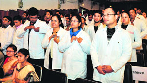 Students during the inauguration of a new academic session at the PGI, Chandigarh, on Tuesday.