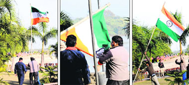The Tricolour was found hoisted upside down; officials bring down the wrongly hoisted National Flag; and the Tri-colour hoisted in the right manner at Lake Sports Complex, Chandigarh, on Tuesday.