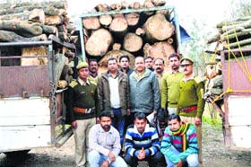 DFO RK Dogra and the forest team along with the seized wood and the accused at the forest nursery in Ghandawal village