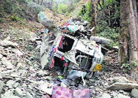 The truck that fell into a deep gorge near Janjehli in Mandi on Tuesday