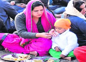 Residents partake of langar during Parkash Purb in Jalandhar on Tuesday