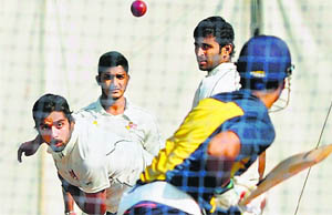 The Mumbai side practises at the Wankhede Stadium on the eve of their quarterfinal against Maharashtra.