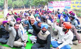 MGNREGA workers stage a protest outside the ADCs office in support of their demands in Amritsar on Wednesday