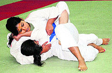 Players in action during the Inter-College Judo Championship held at Gymnasium Hall, Panjab University, Chandigarh, on Wednesday