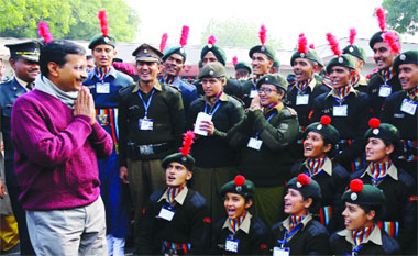 Delhi Chief Minister Arvind Kejriwal greets enthusiastic cadets at the NCC Republic Day Parade Camp in New Delhi on Wednesday.