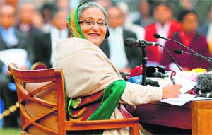 Prime Minister Sheikh Hasina speaks to the media in Dhaka on January 6 after winning a violence-plagued parliamentary election whose outcome was never in doubt. Reuters