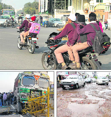 (Clockwise from top) Students violating traffic rules; a potholed road; and a scene of an accident in Jalandhar. 