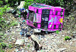 The Matador that fell into a gorge near Peer Baba Morh at the Manda Hills in Jammu on Wednesday