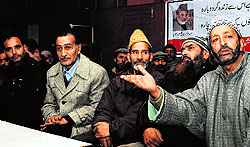 Senior leaders of the separatist group Peoples League addressing a press conference in Srinagar on Wednesday