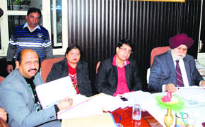 Mayor Harcharan Singh Gohalwaria (in turban) chairs a meeting of the F&CC in Ludhiana on Wednesday. MC Commissioner Rahul Tiwari (second from right) is also seen. 