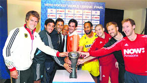 The captains of all eight teams participating in the Hockey World League Finals, starting in New Delhi from January 10, at the unveiling of the trophy on Wednesday. 
