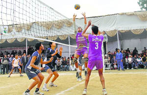 A match in progress on the first day of the 40th Junior National Volleyball Championship in Dehradun on Wednesday.