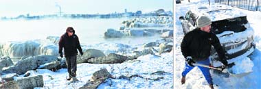 A man walks along the frozen shore of Lake Michigan in Milwaukee, Wisconsin, on Tuesday; and a man shovels snow away from his car near his home in Indianapolis, Indiana