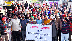 PRTC workers stage a protest in Bathinda on Thursday