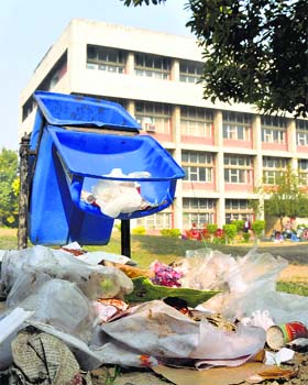 Dirty picture: A littered lawn at the Mini-Secretariat in Karnal shows the indifferent attitude of the local authorities towards sanitation