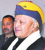 Chief Minister Virbhadra Singh addresses ex-servicemen during a rally in Kangra on Thursday. Photo: Kamaljeet