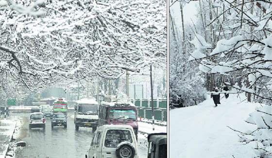 (Right) People on their way to work on a cold day; snow-covered trees provide a visual treat to tourists and locals at Qazigund on Thursday.
