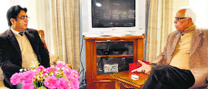 Chief Vigilance Commissioner, Jammu and Kashmir, Kuldeep Khoda with Governor NN Vohra at Raj Bhawan in Jammu on Thursday.