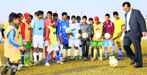 Candian MP Jasbir Sandhu at the Youth Football Club in Rurka Kalan village in Jalandhar on Thursday.