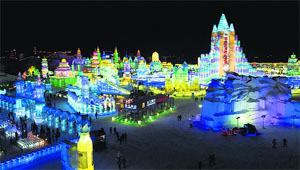 Giant ice sculptures are lit at the Harbin International Ice and Snow Sculpture Festival in Harbin, China.