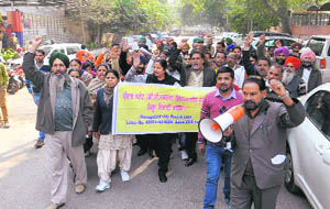 Members of the Punjab State (DC office) Employees Union hold a protest against the Punjab Government in Bathinda on Friday.
