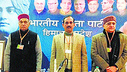 Opposition leader PK Dhumal, state BJP president Satpal Satti and former president Suresh Bhardwaj at the state BJPs core committee meeting in Baddi on Friday