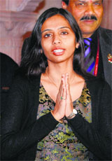 Devyani Khobragade at Maharashtra Sadan in New Delhi on Friday.
