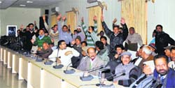 People protest during a meeting of the Cabinet Sub-Committe at Samba on Friday. 