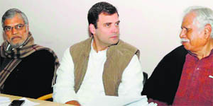 Congress vice-president Rahul Gandhi with Lok Sabha screening committees chairmen at the AICC Headquarters in New Delhi on Firday.
