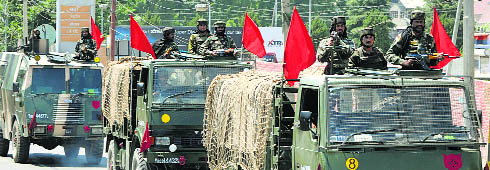 Flag march by the Army, which was given a limited role by the Centre in controlling the volatile situation in the state.