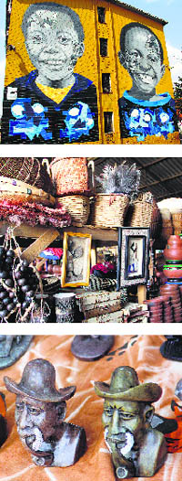 Bright murals on walls of downtown Harare; Mbare curio market (centre); Stone sculptures by local artists