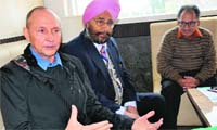(From left) Dr E McDonald, Dr Daljit Singh and Dr Amrit Sethi share their experience of eye surgery in Bathinda on Sunday. tribune photo: pawan sharma