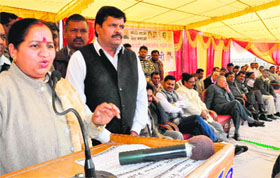 BJP councillor Rajinder Rattu addresses the party’s ‘Jan Chetna’ rally in Mauli Jagran, Chandigarh, on Sunday.